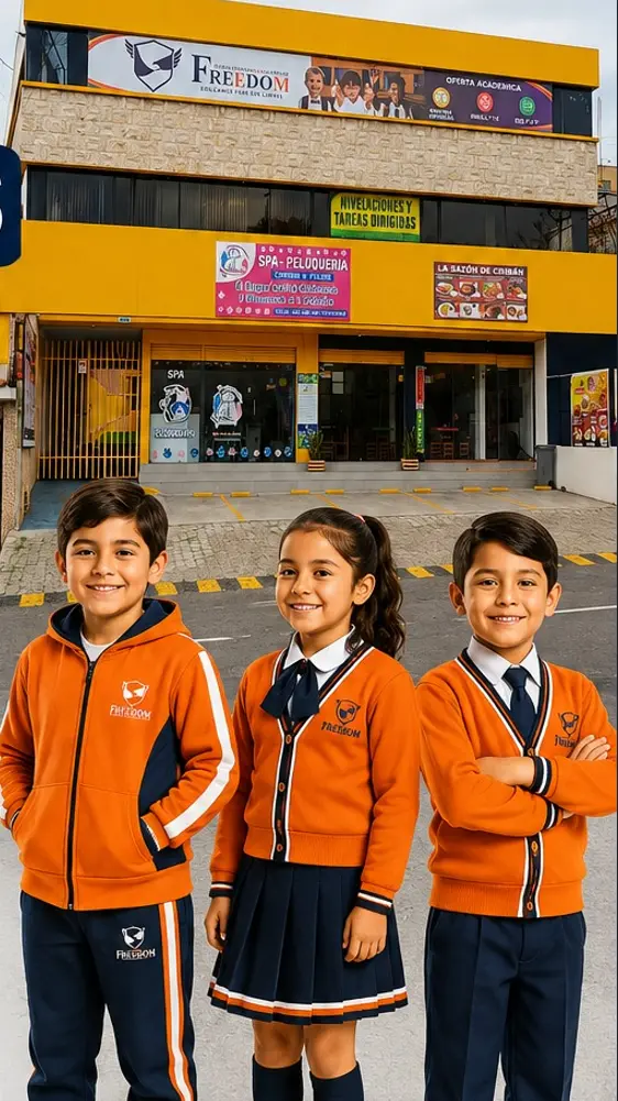 Estudiantes de la Escuela FREEDOM con uniforme naranja y azul marino, sonriendo